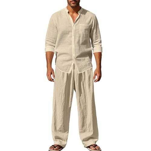 Maskjuwio Linen Suit Men's Summer Lightweight 2-Piece Set Plain Jogging Suit Linen Shirt and Cargo Trousers Set Long Sleeve Tracksuit with Drawstring Slim Fit Sports Suit Breathable Beach Suit