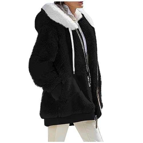 HSUAYEUD Womens Fleece Jackets Full Zipper Pockets Hoodie Coats Winter Warm Soft Teddy Hooded Jumper Warm Fluffy Jacket Fleece Hooded Jacket Overcoat Cardigan