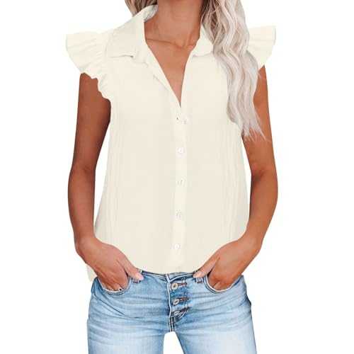 Yolimok Womens Ruffle Sleeve T-Shirt Plus Size Cotton Linen Short Sleeve T Shirt Button Up Shirts for Women UK Sale Clearance Lapel V Neck Plain Elegant Sleeveless Top Laides Dressy Blouses