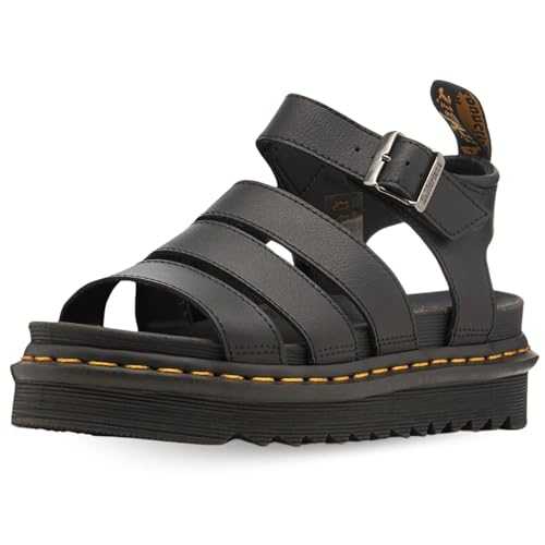 Platform Sandals with Straps, Black Leather, Serrated Sole, Adjustable Buckle, 5 cm Height