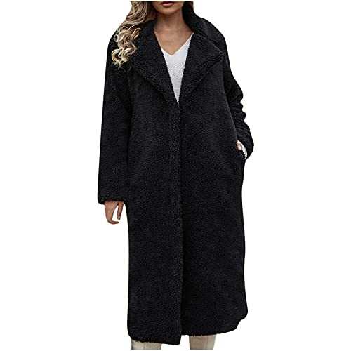 LUCKME Women Fleece Trench Coat Faux Fur Teddy Bear Lapel Coat Open Front Long Sleeves Thick Warm Fluffy Longline Coat Plain Sherpa Jacket Long Outwear Overcoat Autumn & Winter UK Size