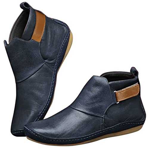 Boots for Women UK Ankle Boots for Women Round Headed Leather Boots Flat Heel Short Boots Retro Solid Colored Comfort Womens Boots Casual Boots Womens Ankle Boots Winter Comfy Woman Cowboy Boots
