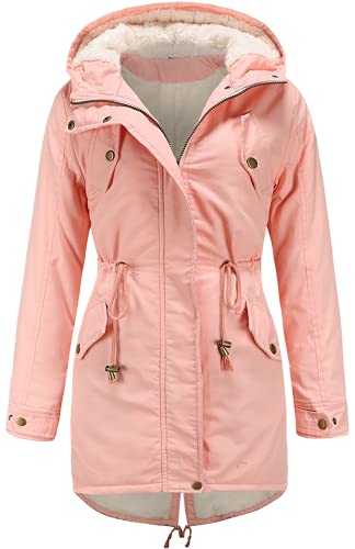 RONGKIM Women's Hooded Fleece Lined Parka Coat Mid-Length Winter Outdoor Padded Jacket Windproof Warm Coat (M, Pink New)