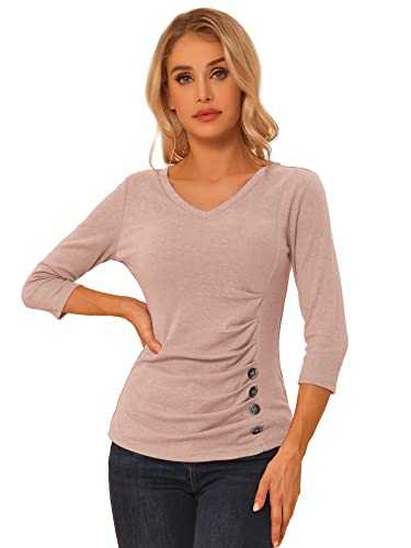 Allegra K Women's V Neck Blouse 3/4 Sleeves Solid Knitted Buttons Decor Ruched Top