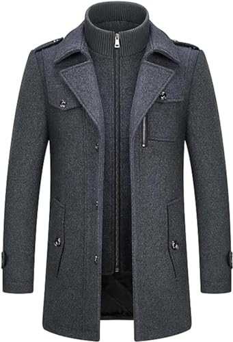 Cicilin Mens Wool Coats Regular Fit Winter Trench Coat Hip-Length Casual Peacoat Layered Collar Single Breasted
