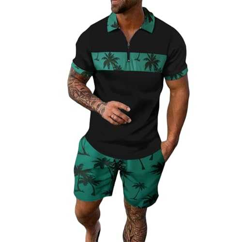 Maskjuwio Hawaiian Shirt Men's Set, Short Sleeve Beach Suit, 2-Piece Set, Zip Polo Shirt and Shorts Sets, Printed Leisure Suit, Lapel, Sports Suit, Lightweight Summer Suit, Loose Jogging Suit