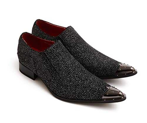 Rossellini Men's Black Glittery Derby Pointed Toe Oxford Loafers Shoes with Spangle Pattern