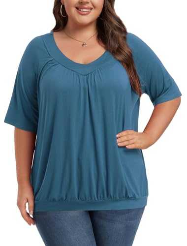 ForHailey Women's Plus Size Tops Short Sleeve Shirts Pleated V Neck Loose Baggy Blouse