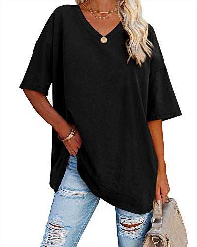 Women's Casual Oversized T Shirts Short Sleeve V Neck Basic Plain Cotton Tee Tops.