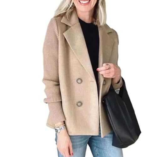 Women's Lapel Button Knitted Patchwork Sleeve Casual Coat,Trendy Double Breasted Pea Coats With Pockets,Winter Blazer Loose Jackets Tops