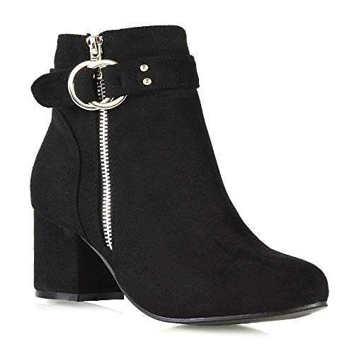 ESSEX GLAM Womens Ankle Boots Block Low Mid Heel Ladies Zip Buckle Strap Smart Booties Shoes