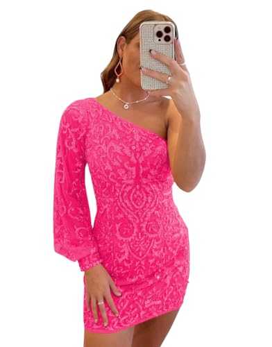 PAVERJER Long Sleeve Sequin Homecoming Dresses 2025 Tight One Shoulder Sparkly Short Prom Dress for Teens