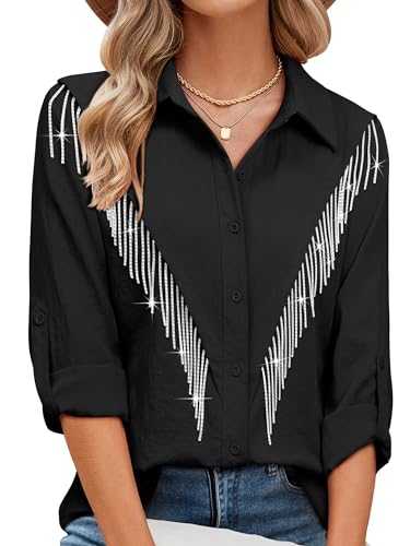 Womens Rhinestone Fringe Button Down Shirt Rolled 3/4 Sleeve Sparkly Top Concert Nashville Western Cowgirl Outfit