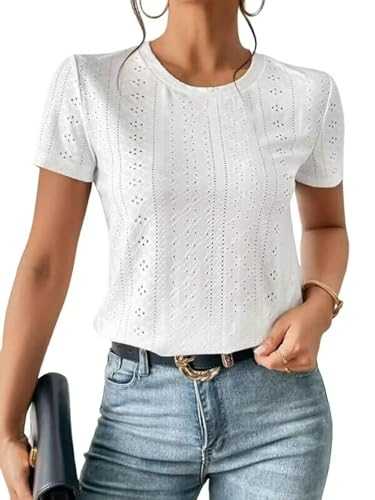 Eyelet Embroidery T Shirts for Women Solid Crewneck Retro Plain Summer Casual Basic Short Sleeve Tops