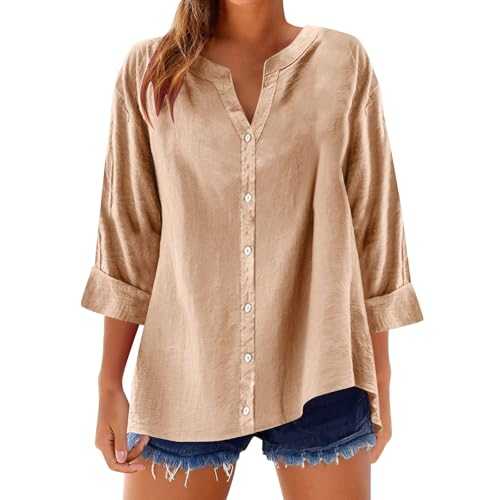 Keepink Summer Linen Tops for Women UK Button Down V Neck Shirts Roll Up 3/4 Sleeve Blouses Casual Dressy Shirt Loose Longline Top to Wear with Leggings Work Office Outfits