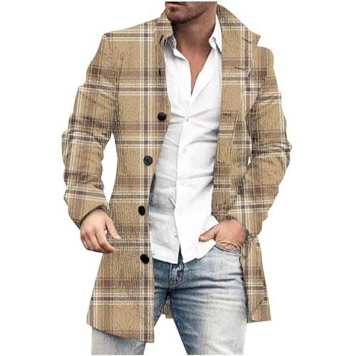 HAOLEI Trench Coat Men UK Deals of The Day Men Trench Coat Wool Blend Top Pea Coat Print Winter Long Single Breasted Classic Stylish Business Overcoat Windbreaker Coat M-XXL