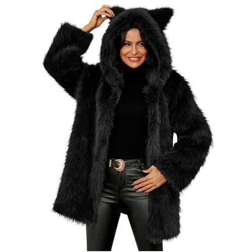 FunAloe Faux Fur Coats Women Teddy Fleece Jacket Coats Long Coats Plus Size Women Jacket Winter Womens Trench Coats UK Open Front Fleece Cat Ear Cardigan Plush Warm Outwear