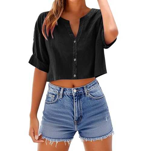 Summer Tops for Women UK Basic Crop Tops Button Up Shirts Linen Cotton V Neck T Shirt Short Sleeve Blouses Oversized Baggy T Shirts Loose Casual Blouses for Sports Work Beach Travel