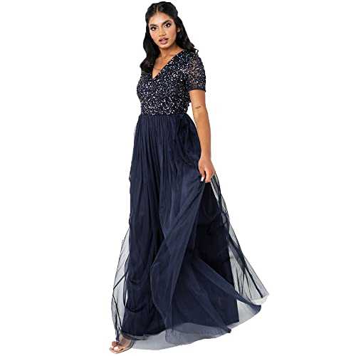 Maya Deluxe Women's Ladies Dress for Wedding Guest Plus Size Empire High Waist Sequins Short Sleeve Evening Bridesmaid