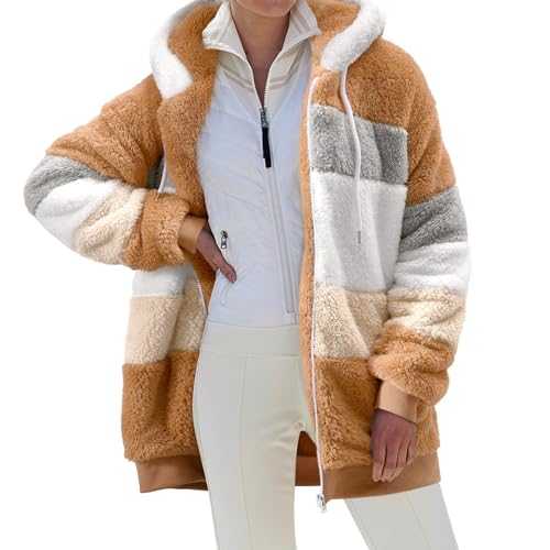 Yuson Girl Women's Teddy Fleece Coat Fuzzy Hooded Jacket Coats Casual Cardigan Sweaters Long Sleeves Fleece Lined Winter Jacket Color Block Patchwork Cardigan Coats Zip Up Outwear with Pockets