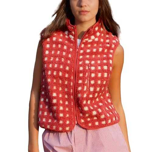 Midnight Lunch Vest Womens Checkered Sherpa Vest Sleeveless Cardigan Zip Up Plaid Gilet with Chest Pocket