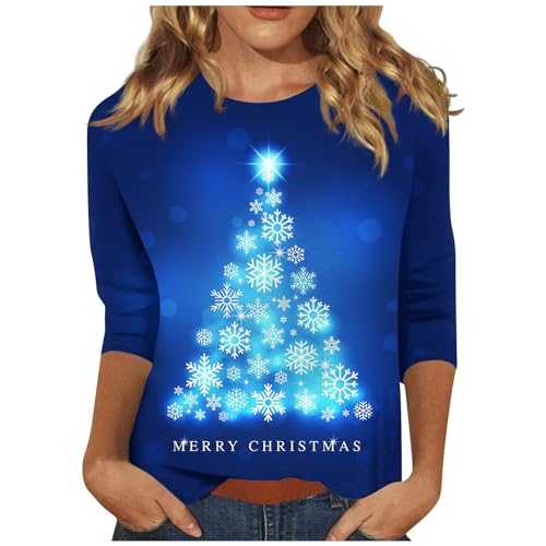 Christmas Tops for Women UK,Round Neck 3/4 Sleeve Ladies Spring Blouse Christmas Printed Christmas Dressy