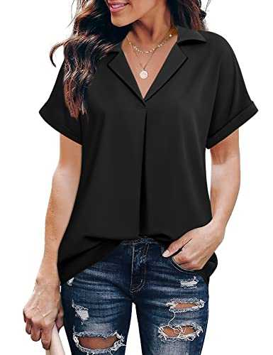 Women's Short Sleeve Blouses Notch Lapel Collar Summer Work Tops