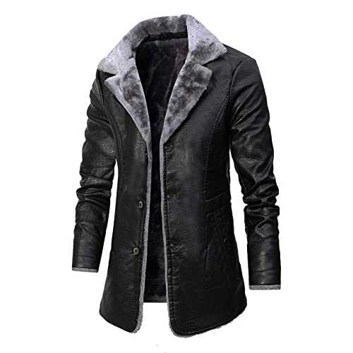 Mens Leather Jacket 3/4 Length Faux Leather Fur Coat Warm Winter Long PU Leather Jacket Lined Duster Trench Coat