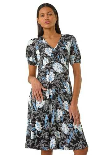 Roman Originals Floral Print V-Neck Stretch Midi Dress for Women UK - Ladies Everyday Holiday Spring Summer V-Neckline Comfy Soft Evening Vacation Work Party
