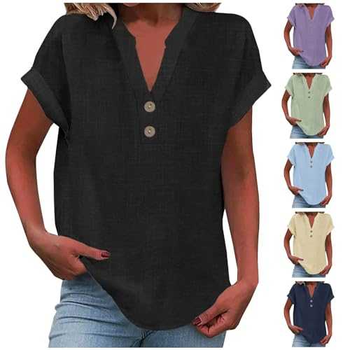 FunAloe Tops for Women UK Button Up Tshirts Summer Linen Shirt Short Sleeve Tunic Tops Ladies Elegant Casual Loose Plain Longline Blouses Plus Size Basic Office Evening Tops