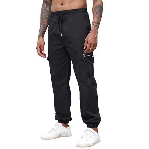 Men's Cargo Trousers Cotton Casual Jogger Elasticated Waist Drawstring Pants