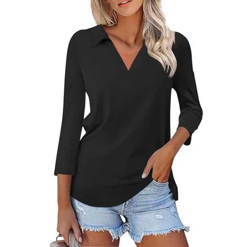 SCBFDI Summer Tops for Women UK, Womens Summer Tops 3/4 Sleeve Lapel V Neck Dressy Blouses Solid Color Slim Fit Polos Elegant Classy Office Wear