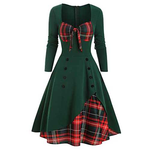 WLHBF Comfy Dress for Women Women Sexy Vintage Casual Plaid Print Gothic Dress Waist Contrast Splicing Double Breasted Swing Dress