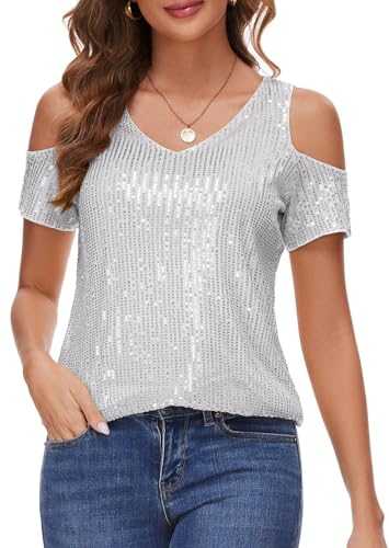 BILIKE JOMEX Womens Sparkly Sequin Top V Neck Cold Shoulder Glitter Short Sleeve Dressy Party Blouse Shirts
