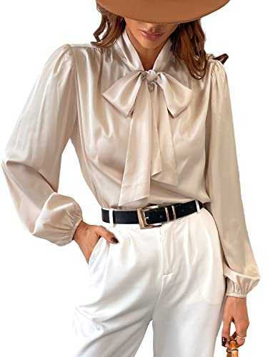 CUPSHE Satin Shirt Top for Women Bow Tie Long Sleeve Shiny High Neck Work Casual Blouses