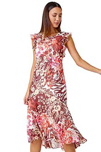 Roman Originals Floral Print Frill Detail Midi Dress for Women UK - Ladies Everyday Holiday Spring Summer Round Neckline Comfy Soft Evening Vacation Work Party - Pink - Size 20