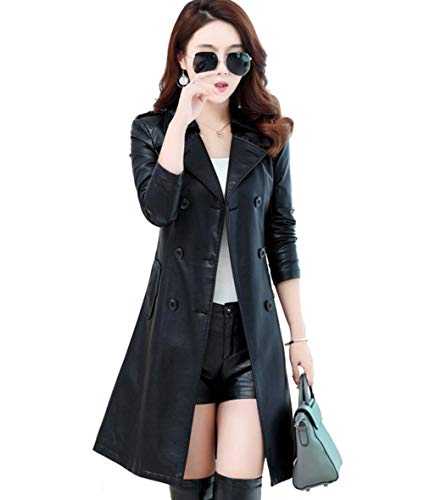 Womens Lapel PU Faux Leather Jacket Suit Coat Fall Winter Outerwears Trench Coat for Women