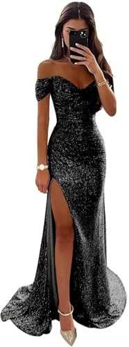 Women's Sequin Prom Dresses with Slit Off The Shoulder Evening Gown Sparkly Mermaid Evening Party Dress