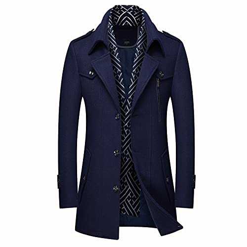 FTIMILD Men's Wool Blend Pea Coat with Detachable Scarfs Notched Collar Single Breasted