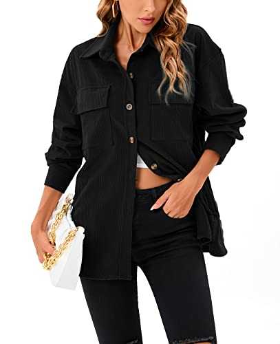 Jhsnjnr Women's Shacket Casual Oversized Long Sleeve Shirt Button Down Corduroy Jackets with Pockets