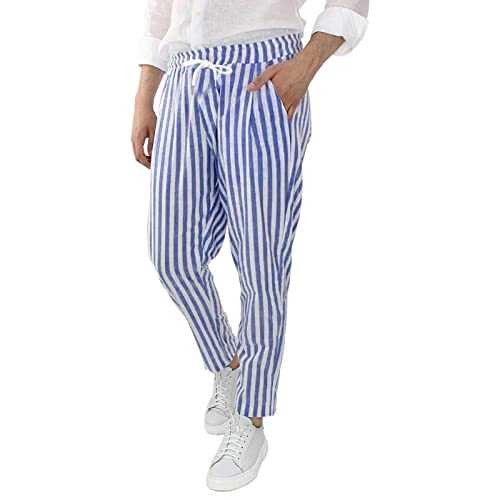 Mymyguoe Men's Linen Trousers with Drawstring Lightweight Summer Trousers Striped Casual Trousers Beach Trousers Breathable Suit Trousers Beach Summer Pants Lightweight Linen Trousers Business