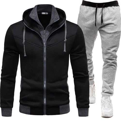 Qixiu Men's Sweatshirt Fashion Casual Two Casual Solid Color Hooded Cardigan Sweatshirt Men's New Set One Button Suits for Men