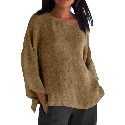 Keepink Womens Top Linen Tops for Women UK Casual Loose Long Sleeve T-Shirt Plain Crew Neck Shirt Elegant Dressy Blouses Lightweight Tunic Tshirts Going Out Pullover Plus Size S-5XL