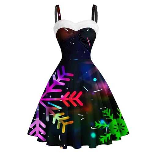 Xmas Dresses for Women UK Ruffle Holiday Festival Cocktail Dress Sleeveless Fur Collar Christmas Dress Women Light Up Christmas Tree Print Warp V Neck Mini Spaghetti Strap Party Dress