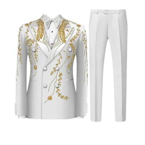 Luxury Gold Beaded Mens Suits for Wedding Slim Fit Double Breasted Groom Tuxedos Party Jacket Pants 2 Pieces Set
