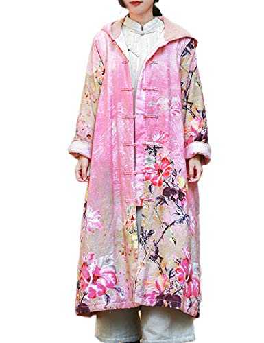 LZJN Women Winter Long Overcoat Floral Printed Coat Windbreaker Vintage Chinese Fleece Lined Warm Coat