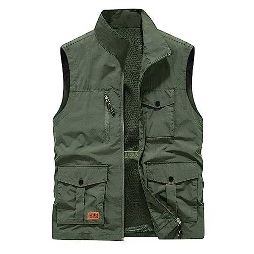Gilet for Men UK Sale Clearance Quick Dry Cargo Vest Jacket Thin Activewear Vests Full Zip Stand Collar Coat Sleeveless Softshell Jacket with Pockets Outerwear for Outdoor Hiking Hunting Fishing