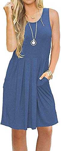 AUSELILY Women's Sleeveless Pleated Loose Swing Casual Dress with Pockets Knee Length