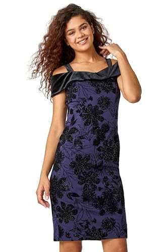 Roman Originals Women Floral Flock Cold Shoulder Dress - Ladies Lined Flowery Contrast Sweetheart Velvet Neckline Pencil Strappy Casual Formal Parties Wedding Smart - Navy - Size 14