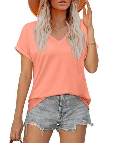 Aokosor T Shirts for Women UK Ladies V Neck Tops Womens Summer Casual Tee Rolled Short Sleeve